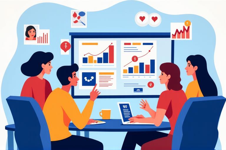 People collaborating on a digital marketing strategy board with charts and social media icons